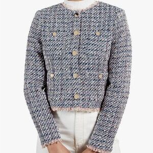Ted Baker Lozzo Jacket Womens US 4 Tweed Boucle Fringe Bright Blue Fringe Preppy